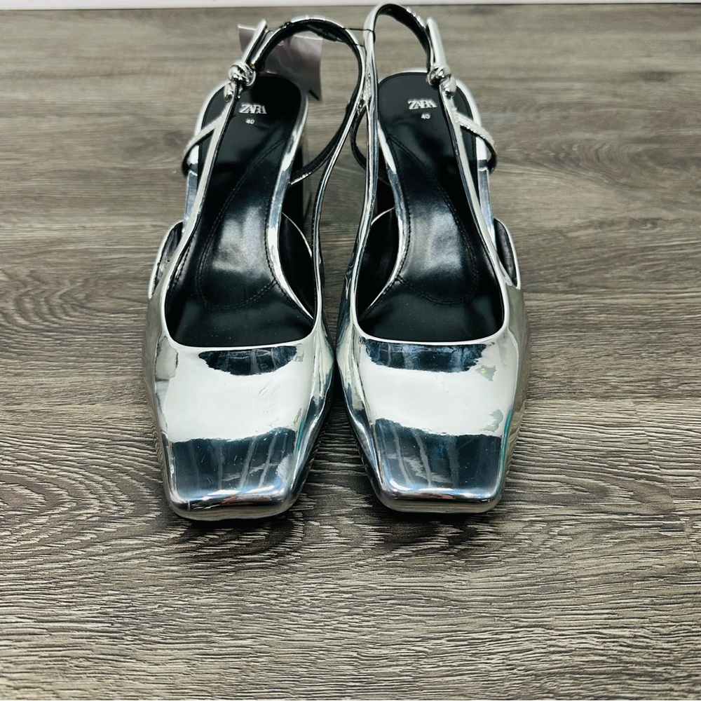 Zara NWT Metallic Silver Block Heel Slingback Heels Size 40 - Picture 2 of 13